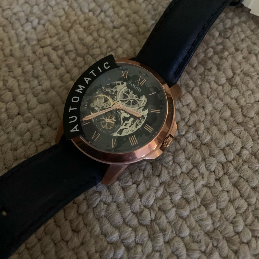 FOSSIL Grant Automatic Blue Skeletal Blue Leather